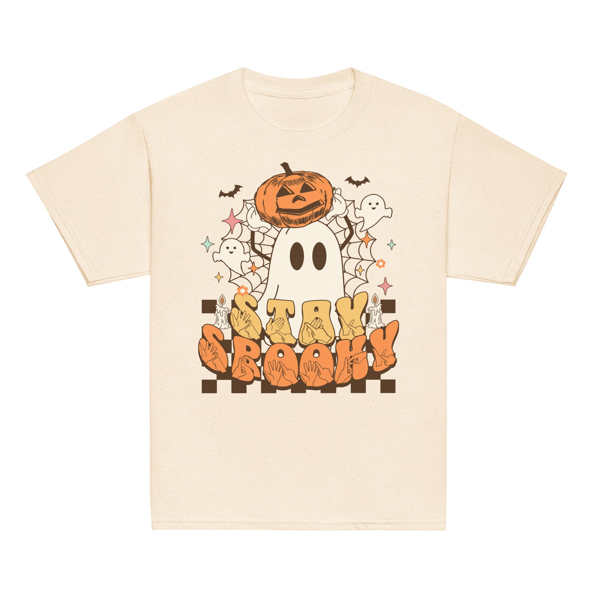 Natural coloured kids Stay Spooky ghost pumpkin Halloween t-shirt with BSL design.