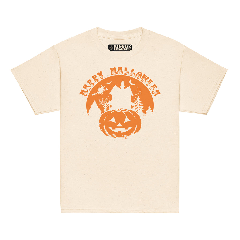 Natural coloured kids Happy Halloween pumpkin haunted house t-shirt with BSL design.