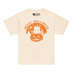 Natural coloured kids Happy Halloween pumpkin haunted house t-shirt with BSL design.