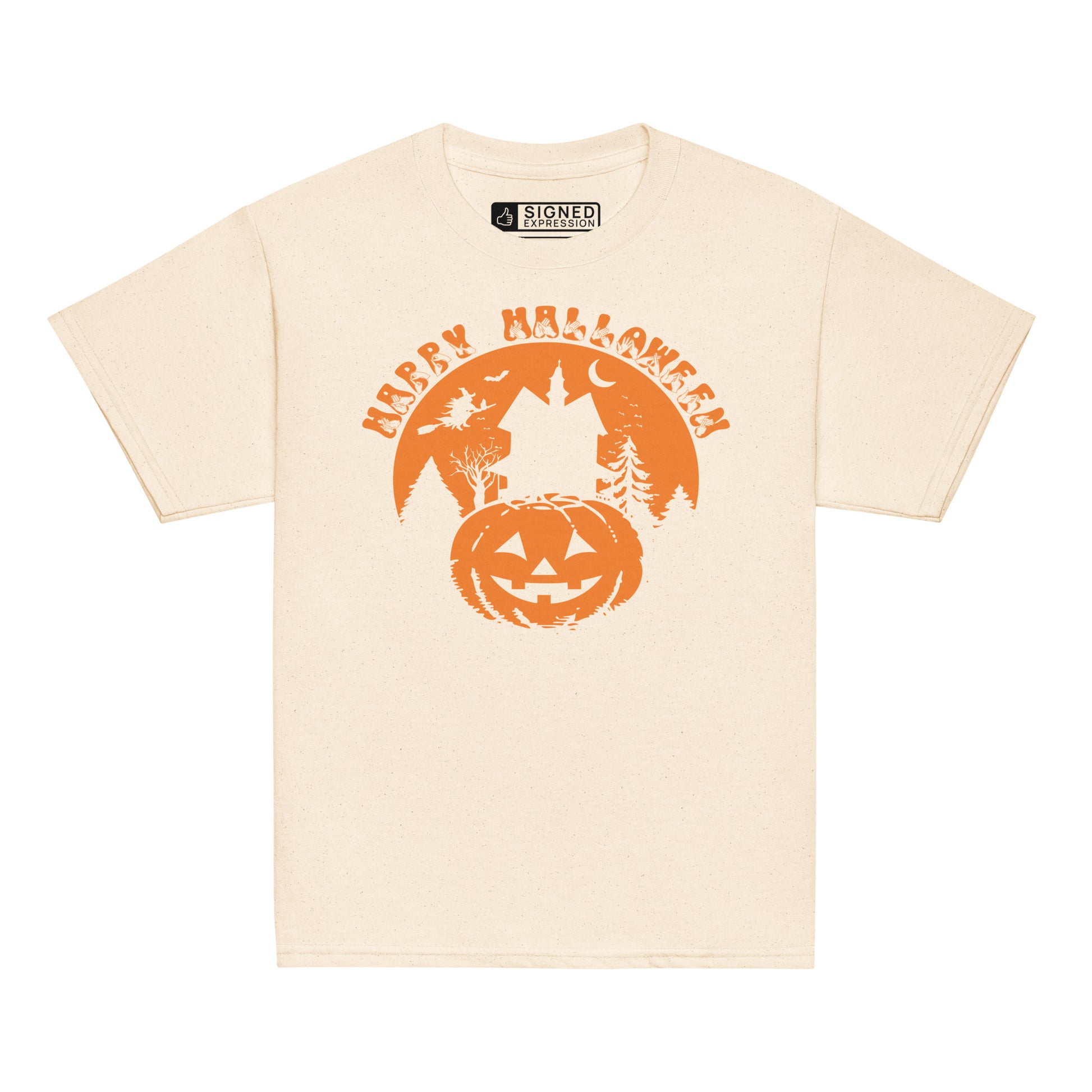 Natural coloured kids Happy Halloween pumpkin haunted house t-shirt with BSL design.