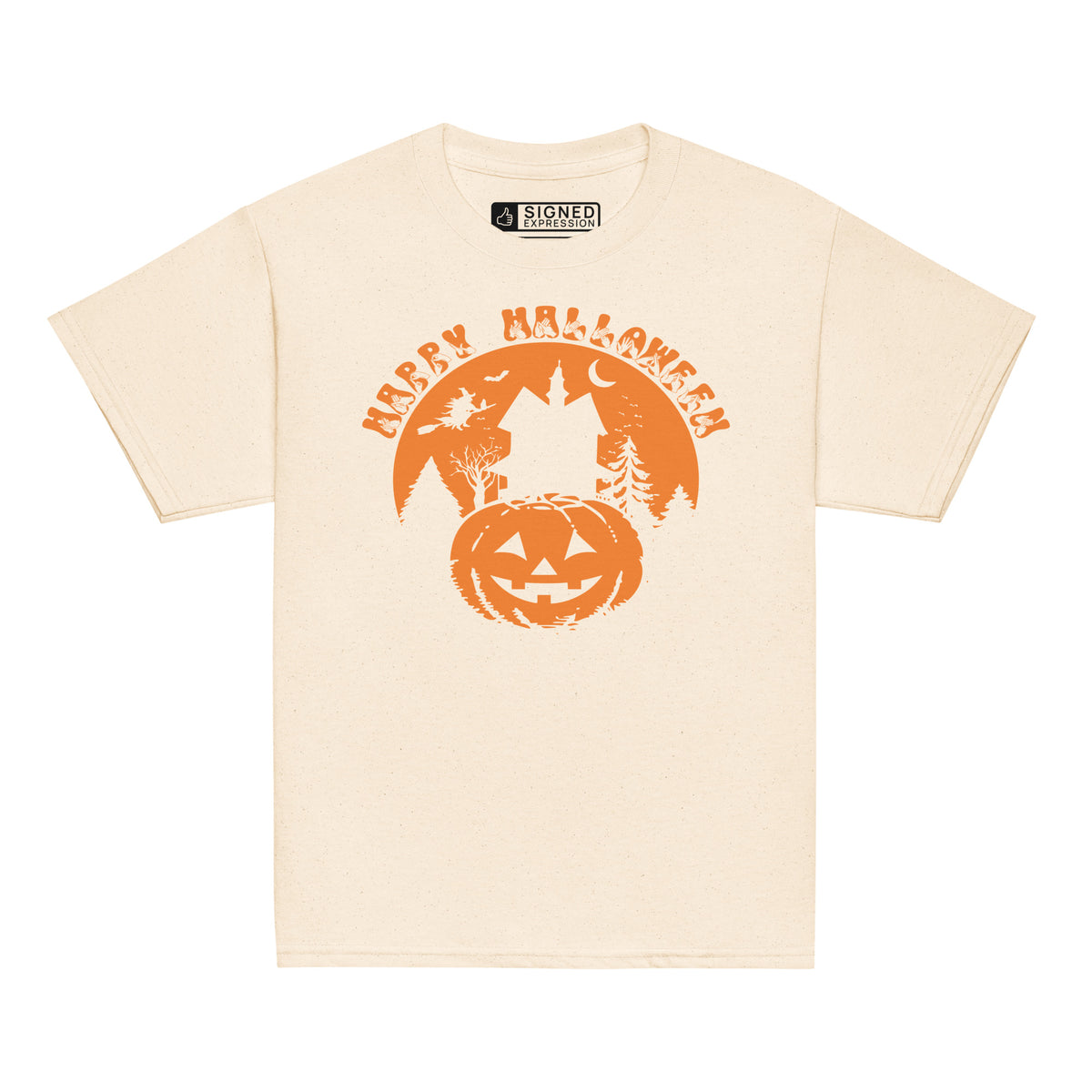 Natural coloured kids Happy Halloween pumpkin haunted house t-shirt with BSL design.