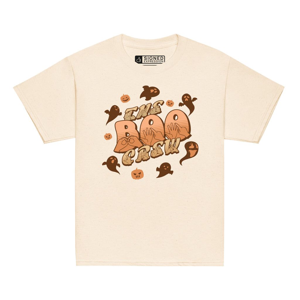 Natural coloured kids Boo Crew Halloween t-shirt with pumpkins, ghosts, and BSL design.