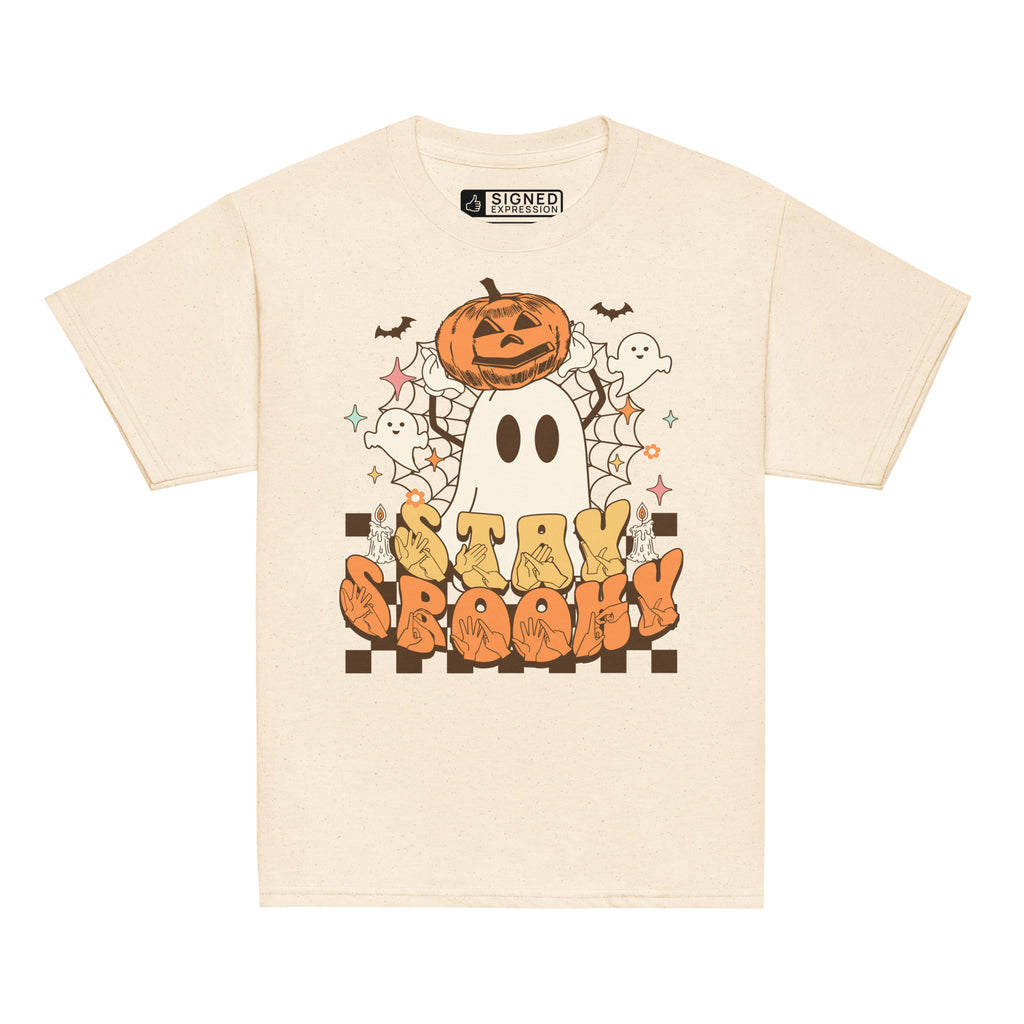 Natural coloured kids Stay Spooky ghost pumpkin Halloween t-shirt with BSL design.