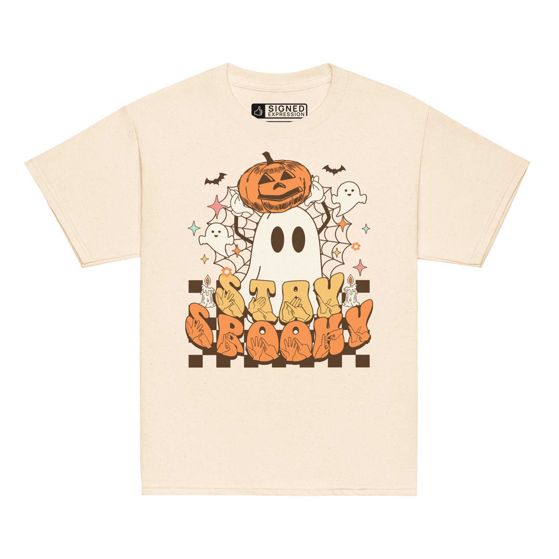Natural coloured kids Stay Spooky ghost pumpkin Halloween t-shirt with BSL design.