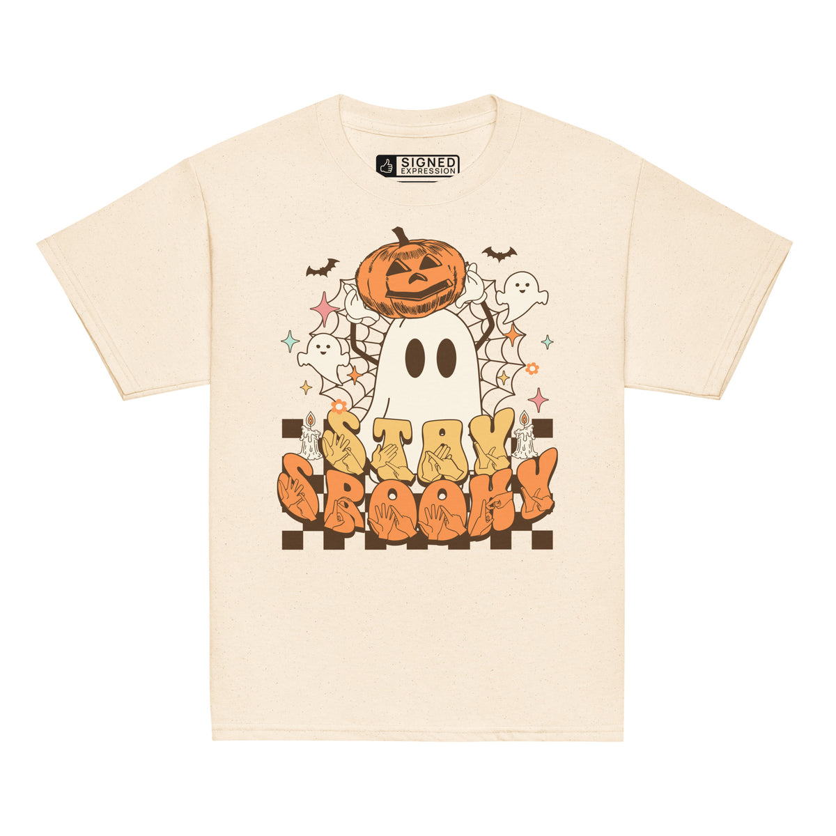 Natural coloured kids Stay Spooky ghost pumpkin Halloween t-shirt with BSL design.