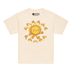 Natural kids' t-shirt with a cheerful sunshine character and the phrase "summer vibes" in bold BSL fingerspelling handshapes, in a lightly textured style.