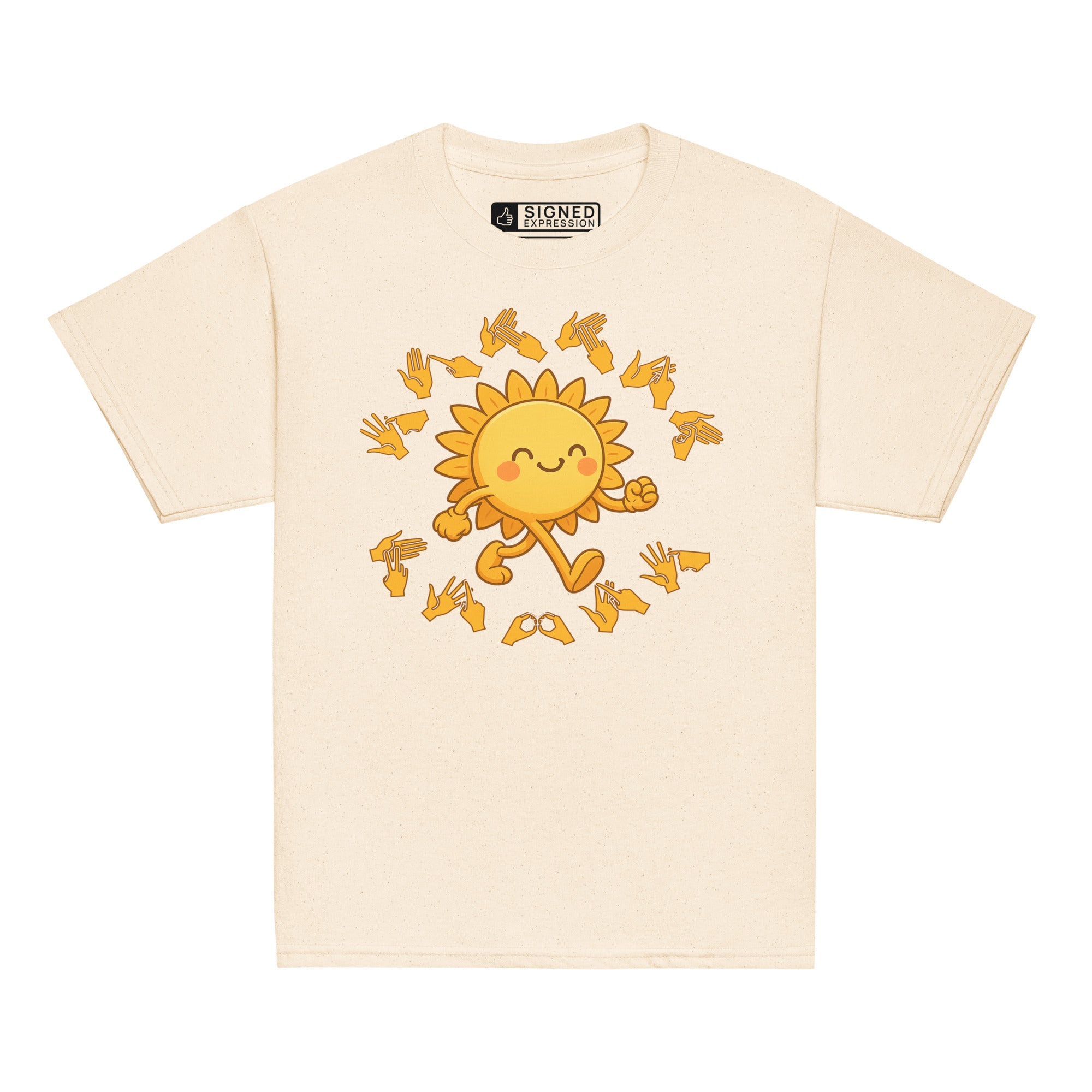 Natural kids' t-shirt with a cheerful sunshine character and the phrase "summer vibes" in bold BSL fingerspelling handshapes, in a lightly textured style.