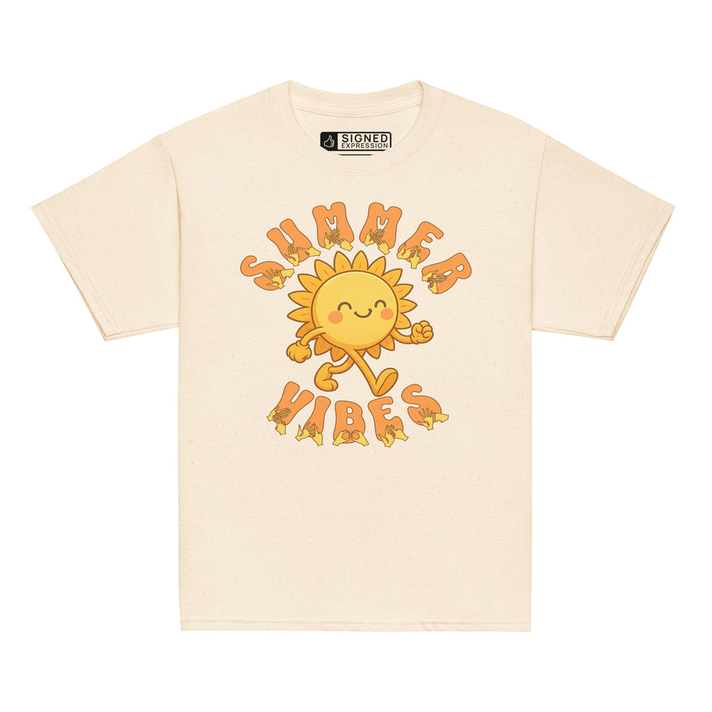 Natural kids’ t-shirt with a smiling cartoon sunshine and the phrase “summer vibes” in bold textured font, each letter showing British Sign Language fingerspelling underneath.