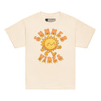 Natural kids’ t-shirt with a smiling cartoon sunshine and the phrase “summer vibes” in bold textured font, each letter showing British Sign Language fingerspelling underneath.