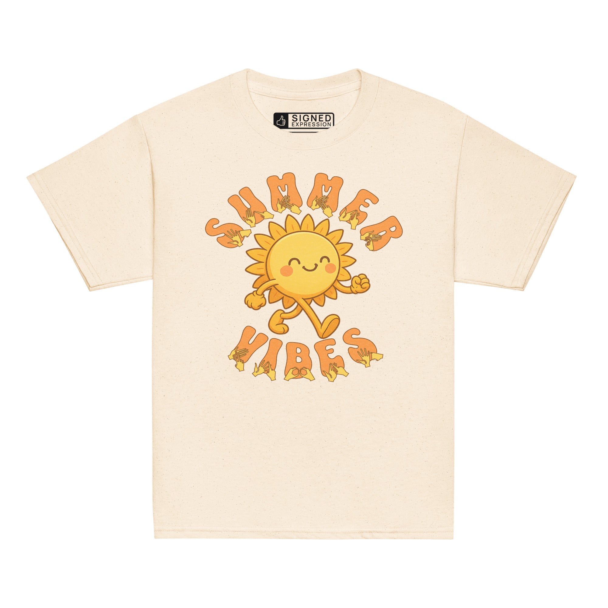 Natural kids’ t-shirt with a smiling cartoon sunshine and the phrase “summer vibes” in bold textured font, each letter showing British Sign Language fingerspelling underneath.