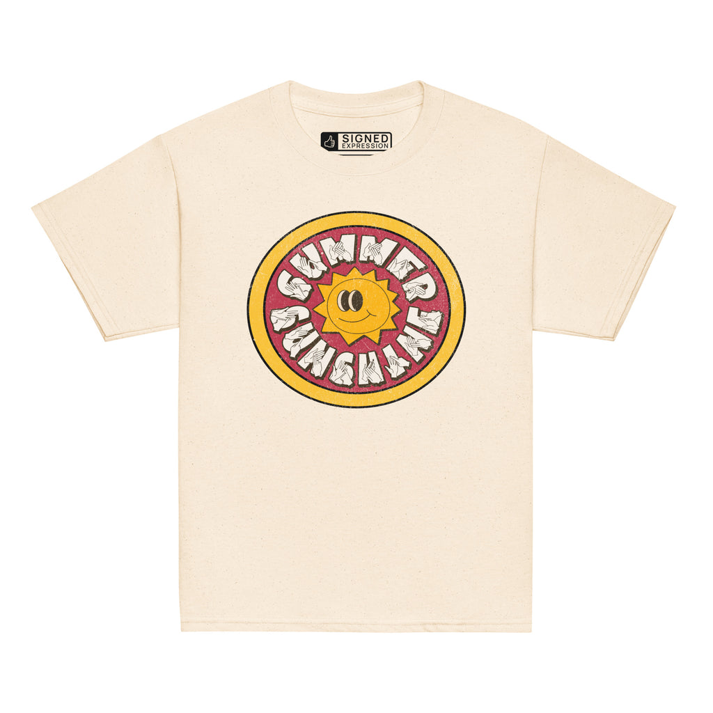 Natural t-shirt with a sun graphic and 'Summer Sunshine' text