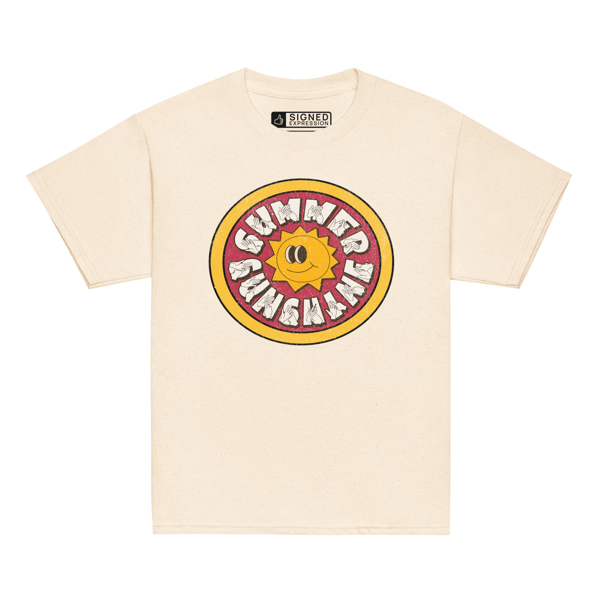 Natural t-shirt with a sun graphic and 'Summer Sunshine' text