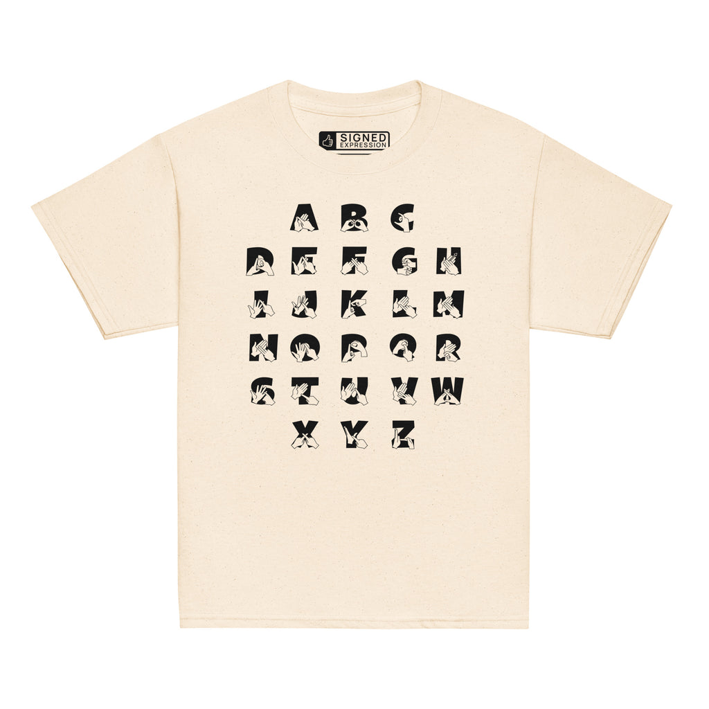 Front view of a natural t-shirt with BSL Alphabet - Black Fingerspelling & Text