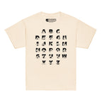 Front view of a natural t-shirt with BSL Alphabet - Black Fingerspelling & Text