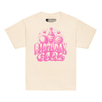 Natural kids' t-shirt with "Birthday Girl" in bold letters featuring British Sign Language fingerspelling, with pink balloons, stars, and a party hat above.