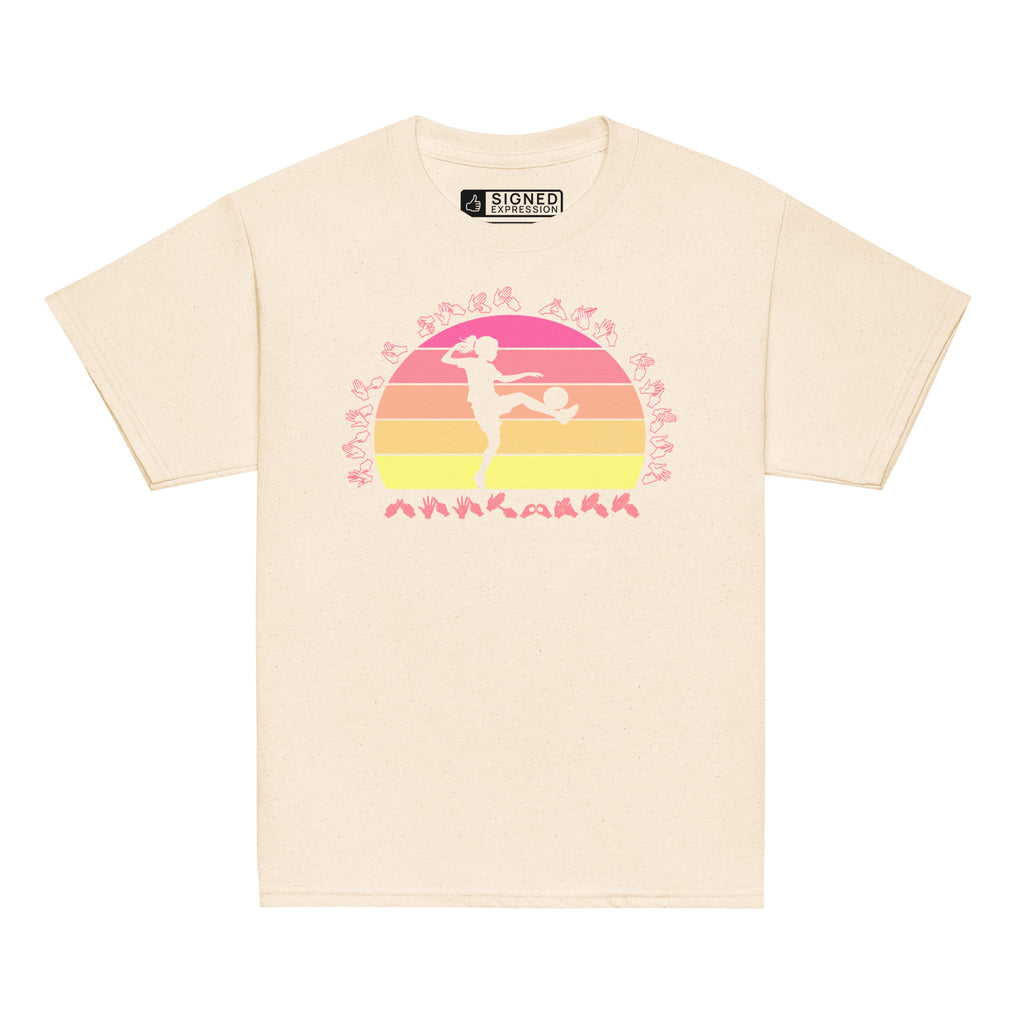 Natural t-shirt with the phrase "Just a Girl Who Loves Football" in BSL Fingerspelling featuring a colourful retro sunset and a silhouette of a boy kicking a football.