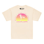 Natural t-shirt with the phrase "Just a Girl Who Loves Football" in BSL Fingerspelling featuring a colourful retro sunset and a silhouette of a boy kicking a football.