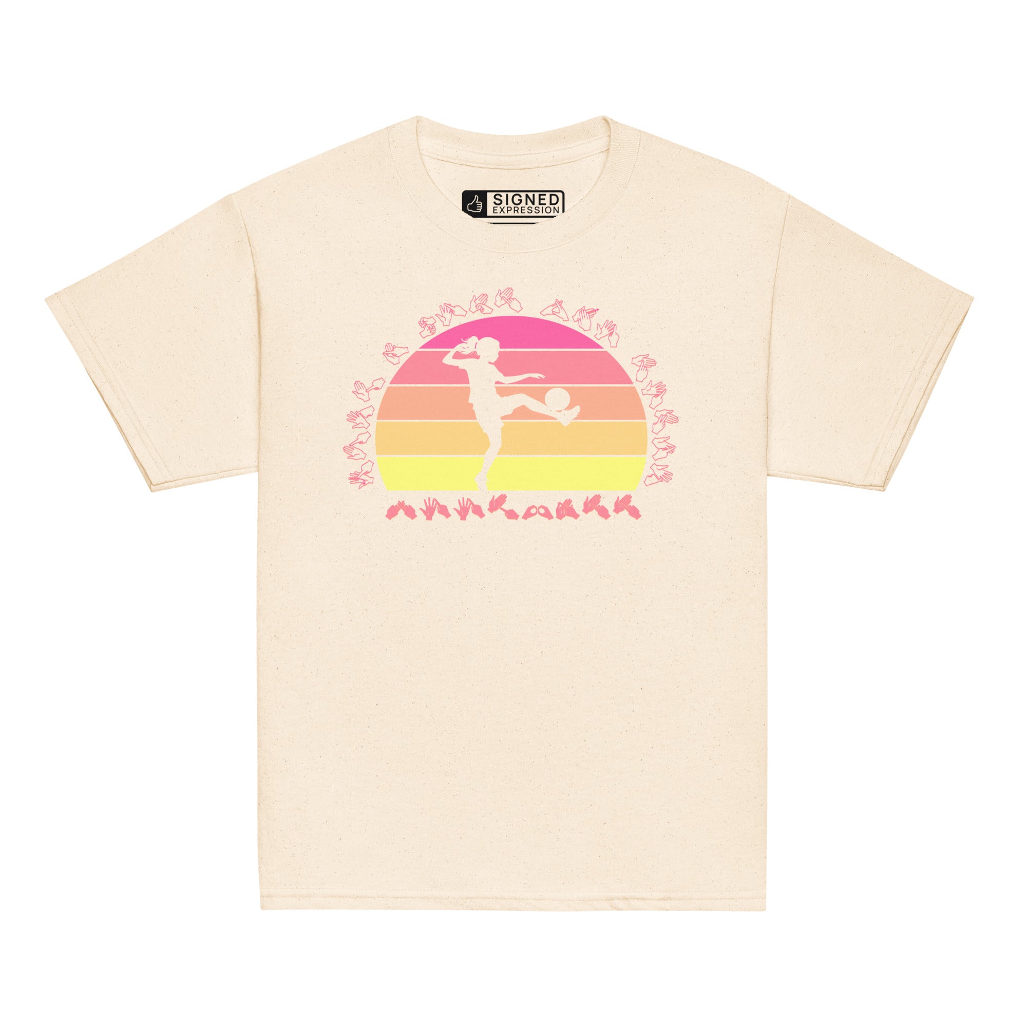 Natural t-shirt with the phrase "Just a Girl Who Loves Football" in BSL Fingerspelling featuring a colourful retro sunset and a silhouette of a boy kicking a football.