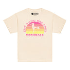 Natural t-shirt with the phrase "Just a Girl Who Loves Football" in BSL Fingerspelling and text featuring a colourful retro sunset and a silhouette of a boy kicking a football.