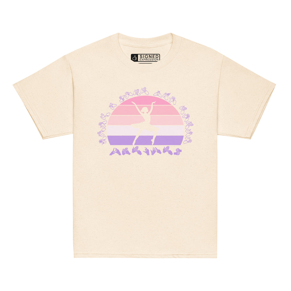 Natural t-shirt with the phrase "Just a Girl Who Loves Dancing" above a colourful retro sunset and a silhouette of a girl dancing in the centre