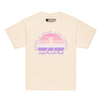 Natural t-shirt with the phrase "Just a Girl Who Loves Dancing" above a colourful retro sunset and a silhouette of a girl dancing in the centre