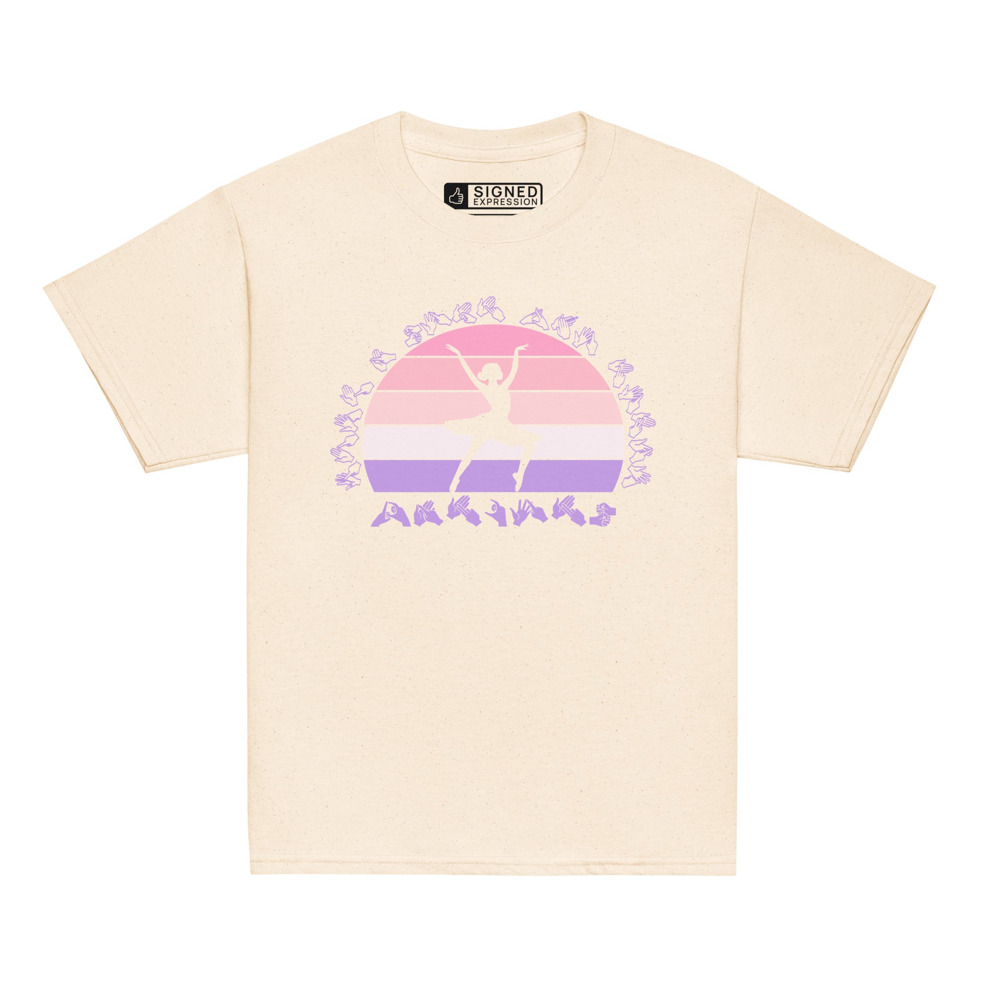 Natural t-shirt with the phrase "Just a Girl Who Loves Dancing" above a colourful retro sunset and a silhouette of a girl dancing in the centre