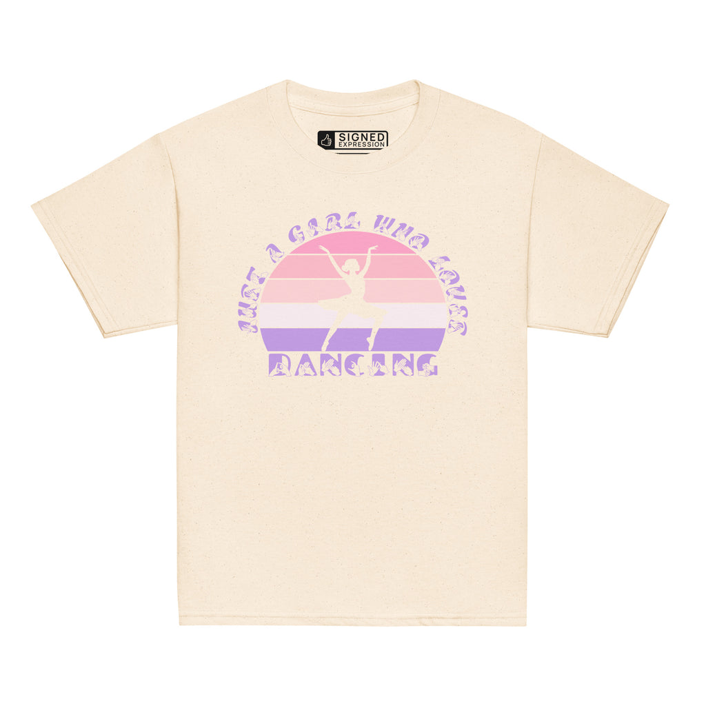 Natural t-shirt with the phrase "Just a Girl Who Loves Dancing" above a colourful retro sunset and a silhouette of a girl dancing in the centre