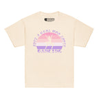 Natural t-shirt with the phrase "Just a Girl Who Loves Dancing" above a colourful retro sunset and a silhouette of a girl dancing in the centre