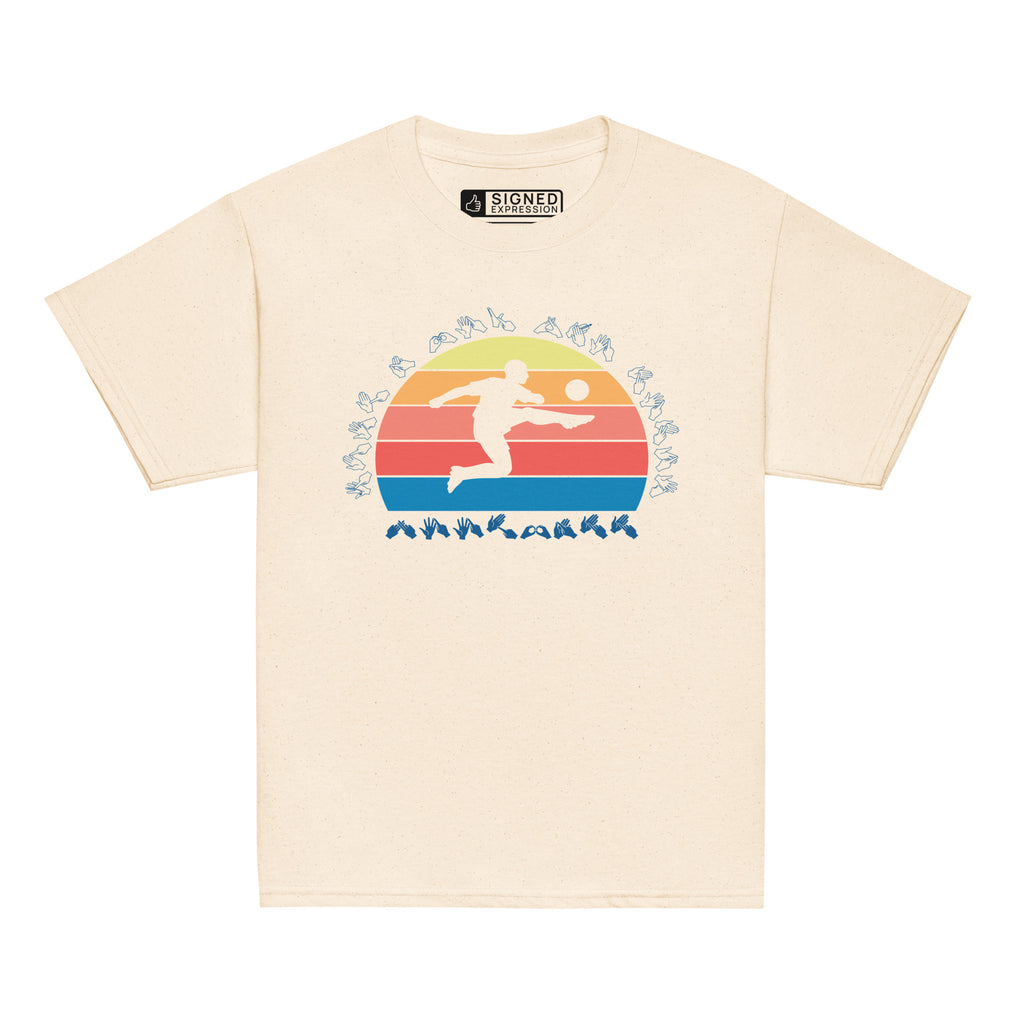 Natural t-shirt with the phrase "Just a Boy Who Loves Football" in BSL Fingerspelling  featuring a colourful retro sunset and a silhouette of a boy kicking a football.