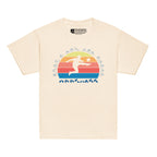 Natural t-shirt with the phrase "Just a Boy Who Loves Football" in BSL Fingerspelling  featuring a colourful retro sunset and a silhouette of a boy kicking a football.