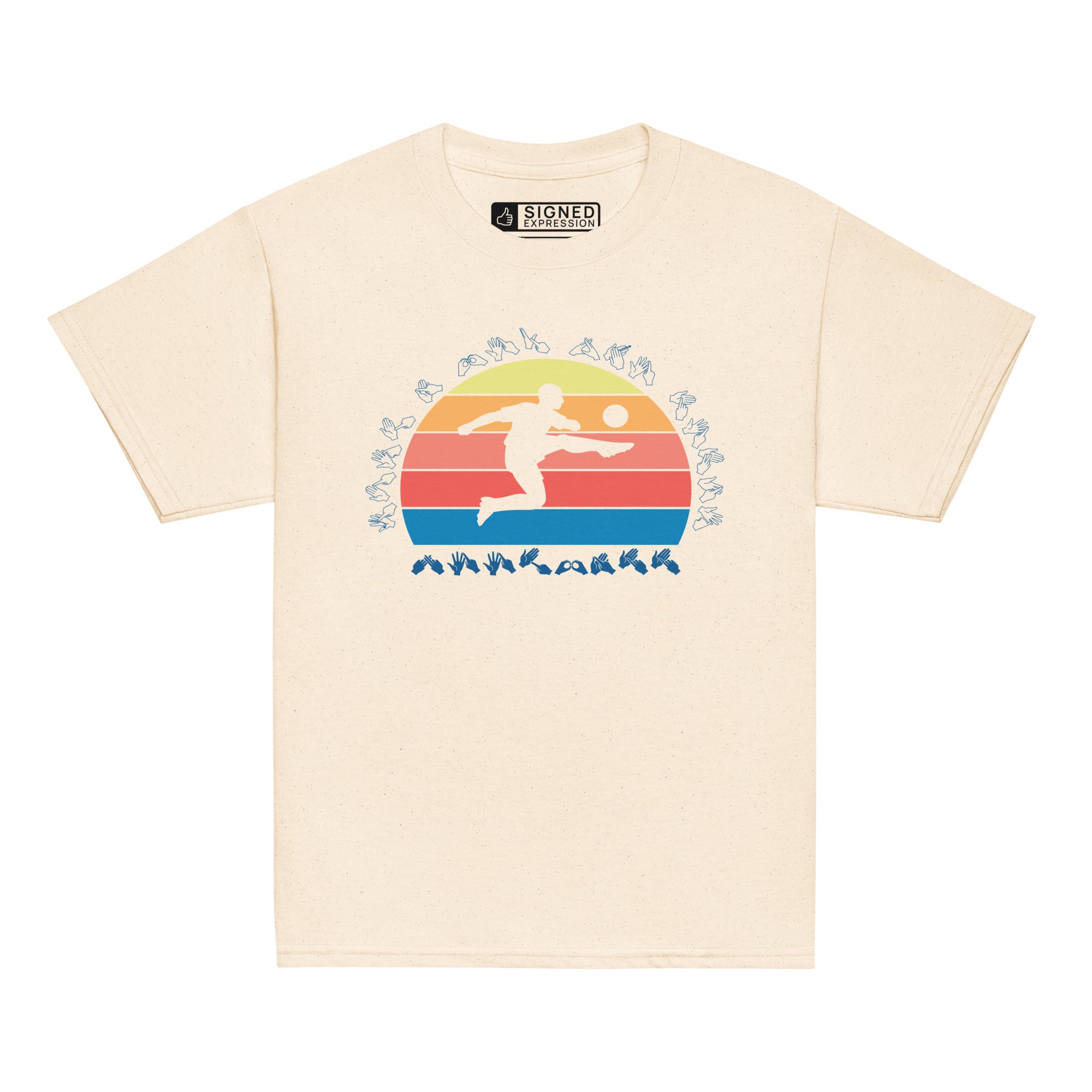 Natural t-shirt with the phrase "Just a Boy Who Loves Football" in BSL Fingerspelling  featuring a colourful retro sunset and a silhouette of a boy kicking a football.