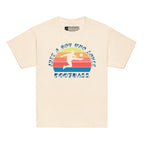 Natural t-shirt with the phrase "Just a Boy Who Loves Football" in BSL Fingerspelling and text featuring a colourful retro sunset and a silhouette of a boy kicking a football.