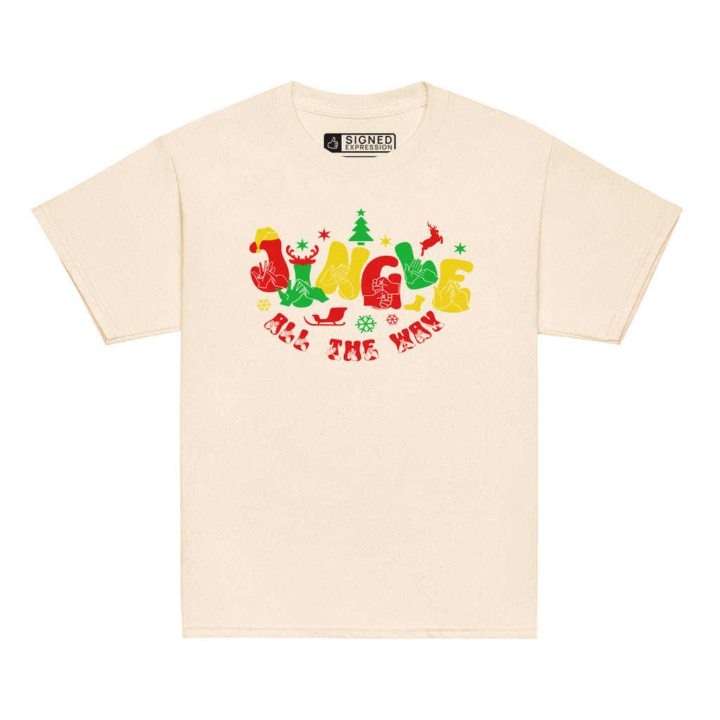 Natural coloured Jingle All The Way kids t-shirt with BSL design.