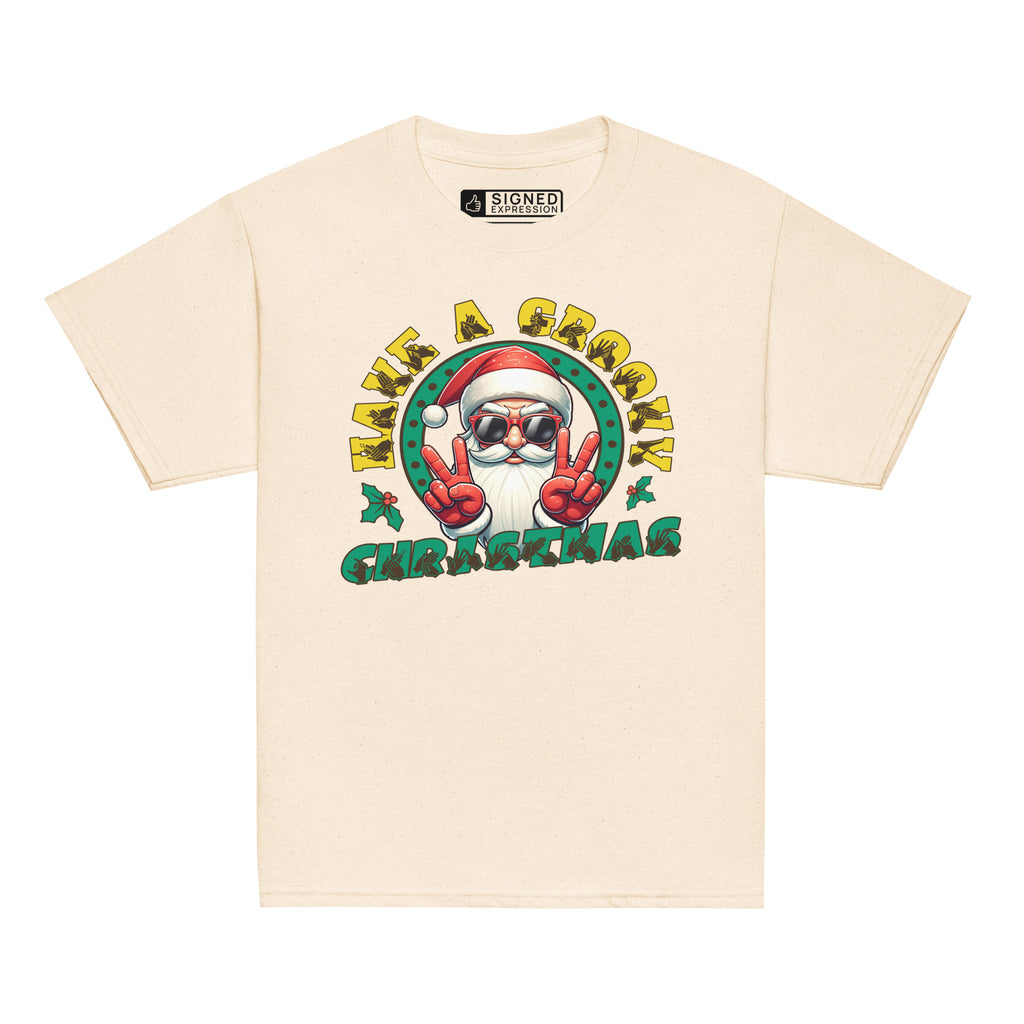 Natural coloured Have A Groovy Christmas kids t-shirt with BSL design.