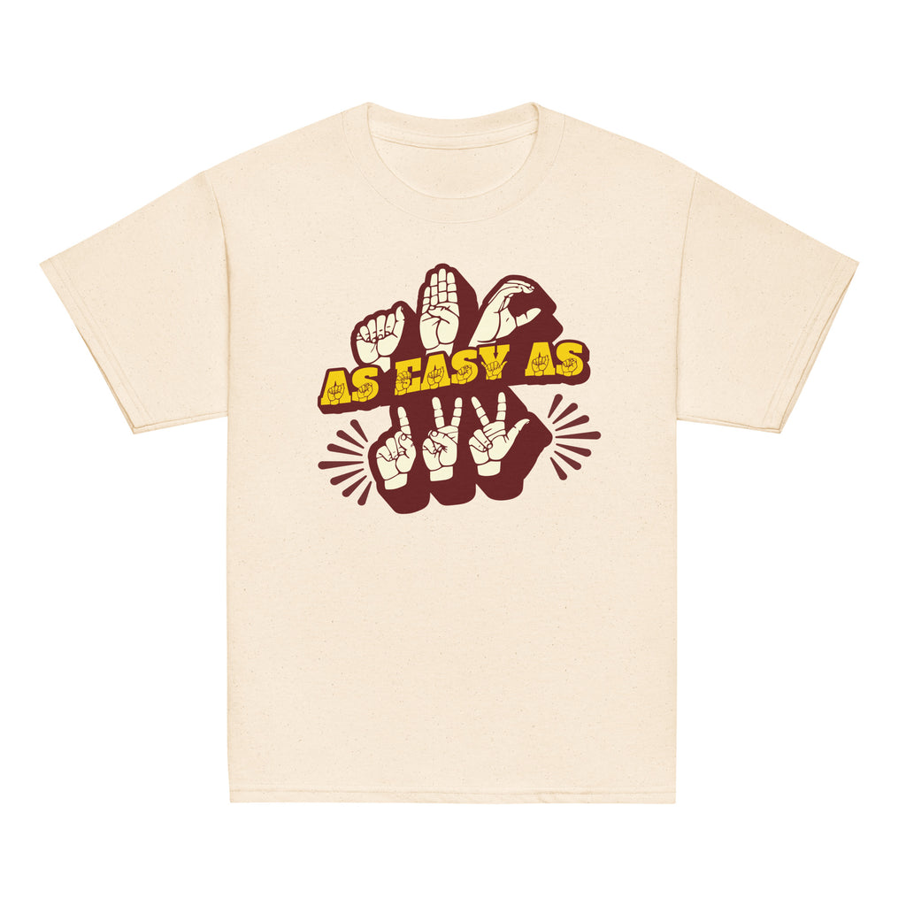 Natural T-Shirt with ‘ABC As Easy As 123’ in ASL fingerspelling and text characters
