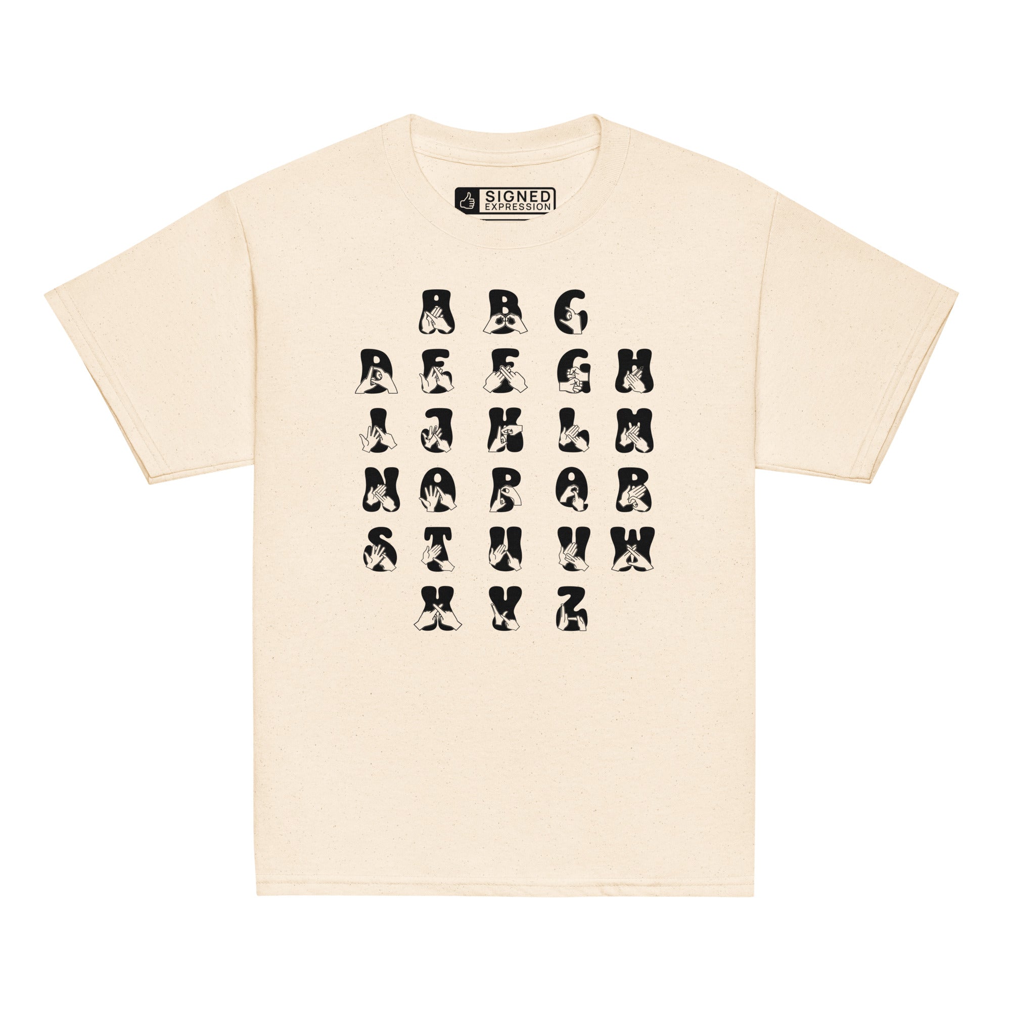 Front view of a natural t-shirt with BSL Alphabet - Black Fingerspelling & Text