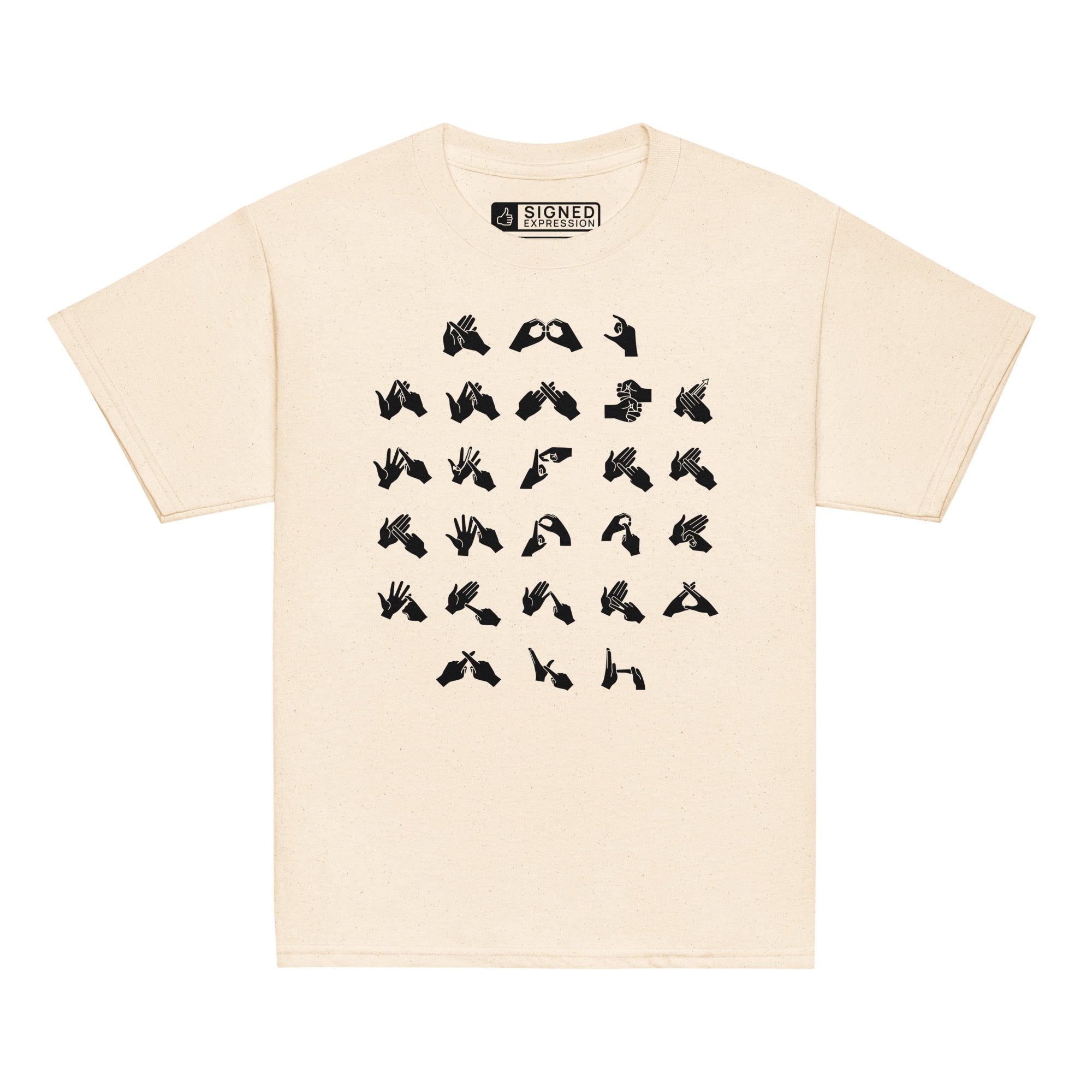 Front view of a natural t-shirt with BSL Alphabet - Black Fingerspelling
