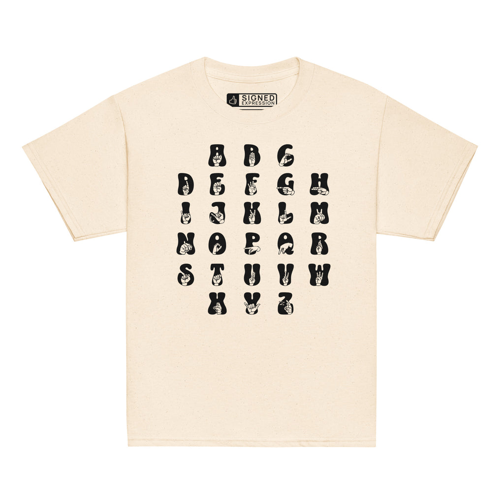 Front view of a natural t-shirt with ASL Alphabet - Black Fingerspelling & Text