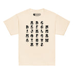 Front view of a natural t-shirt with ASL Alphabet - Black Fingerspelling & Text