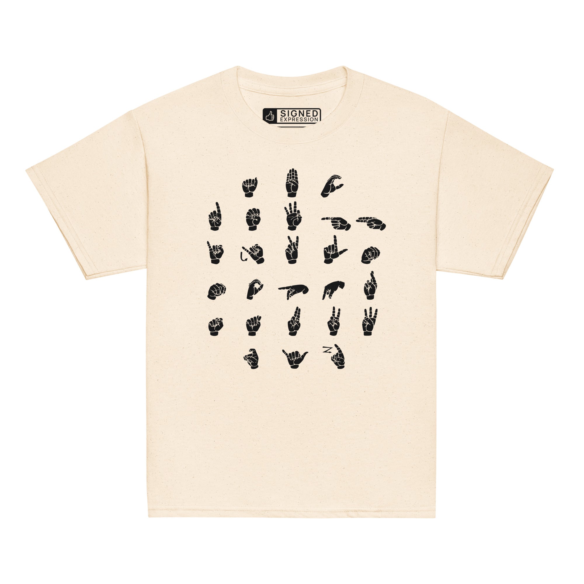 Front view of a natural t-shirt with ASL Alphabet - Black Fingerspelling