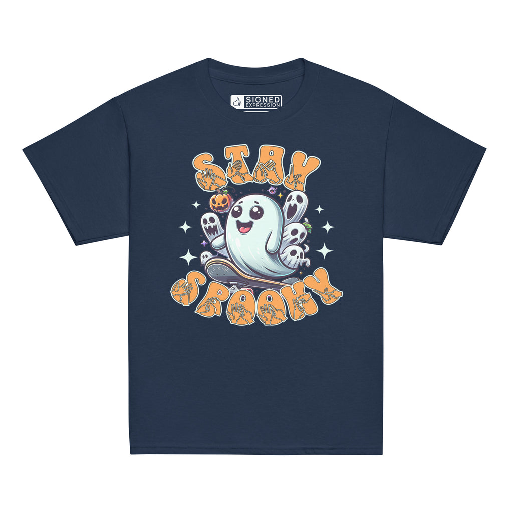 Navy coloured kids Halloween t-shirt with BSL design and skateboarding ghost.