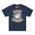 Navy coloured kids Halloween t-shirt with BSL design and skateboarding ghost.