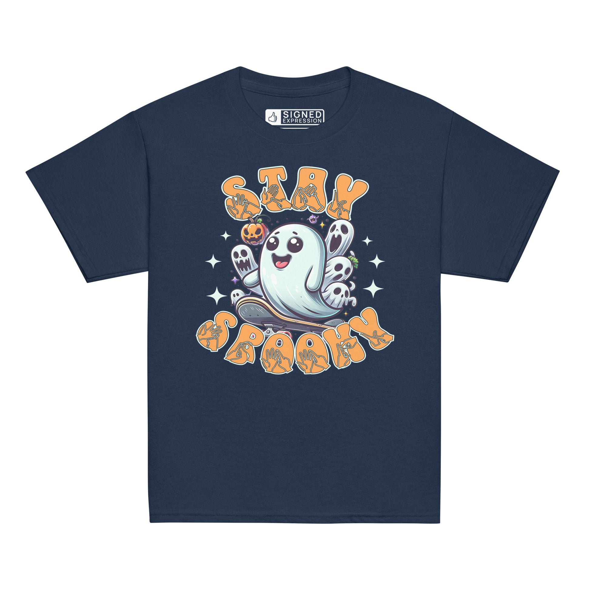 Navy coloured kids Halloween t-shirt with BSL design and skateboarding ghost.