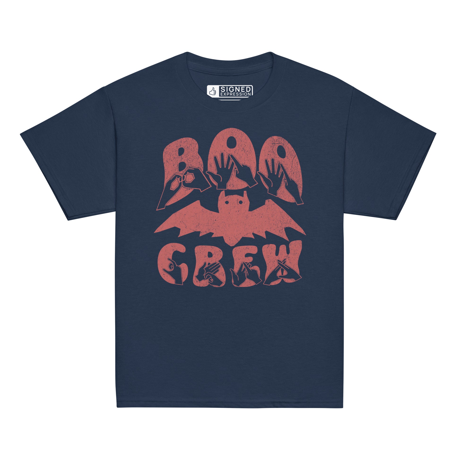Navy coloured kids Boo Crew bat Halloween t-shirt with BSL design.