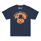 Navy coloured kids Happy Halloween pumpkin haunted house t-shirt with BSL design.