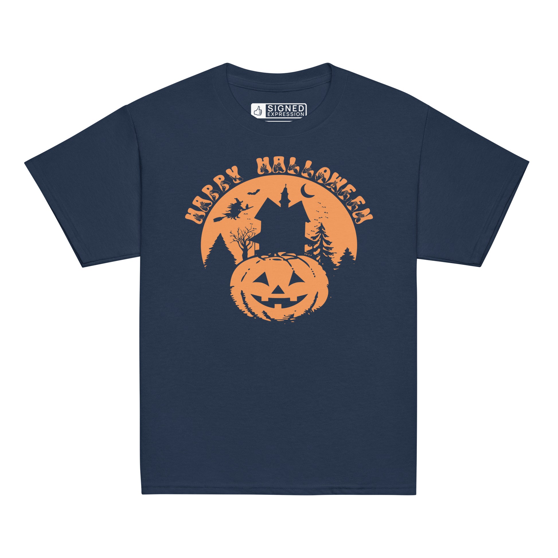 Navy coloured kids Happy Halloween pumpkin haunted house t-shirt with BSL design.