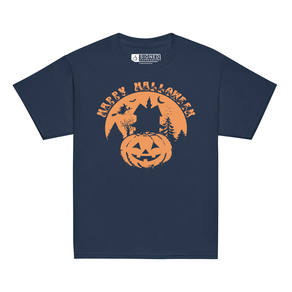 Navy coloured kids Happy Halloween pumpkin haunted house t-shirt with BSL design.