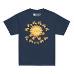 Navy kids' t-shirt with a cheerful sunshine character and the phrase "summer vibes" in bold BSL fingerspelling handshapes, in a lightly textured style.