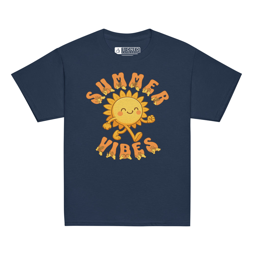Navy kids’ t-shirt with a smiling cartoon sunshine and the phrase “summer vibes” in bold textured font, each letter showing British Sign Language fingerspelling underneath.