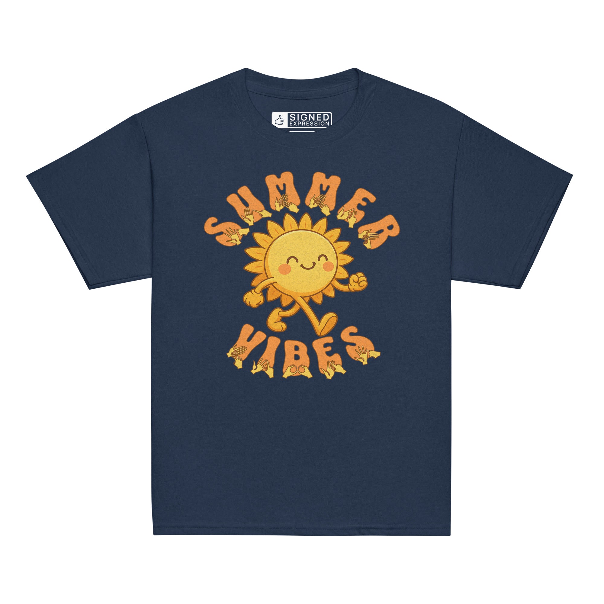 Navy kids’ t-shirt with a smiling cartoon sunshine and the phrase “summer vibes” in bold textured font, each letter showing British Sign Language fingerspelling underneath.
